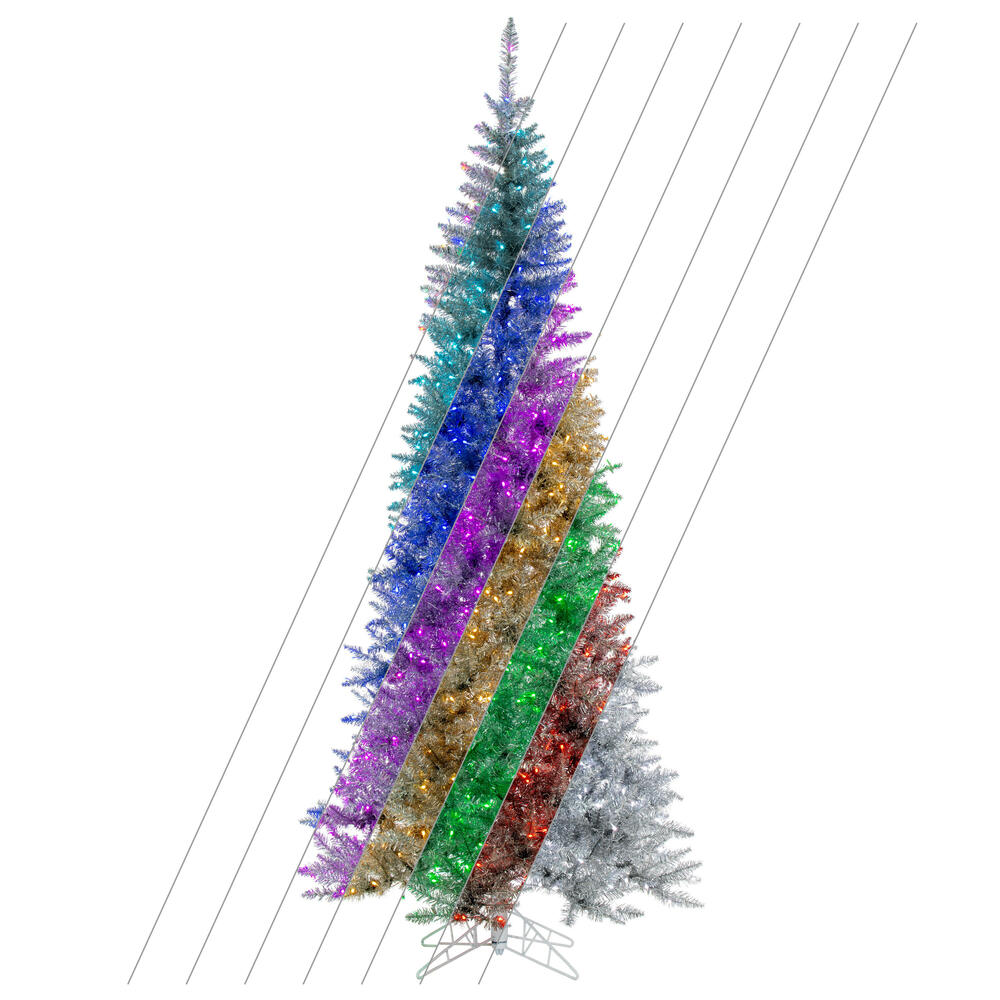 K247581LED 9 ft. x 47 in. Silver Slim Artificial Pre-Lit Christmas Tree with 702 Wide Angle 5 mm 32 Function Remote Controlled RGB LED Mini Lights
