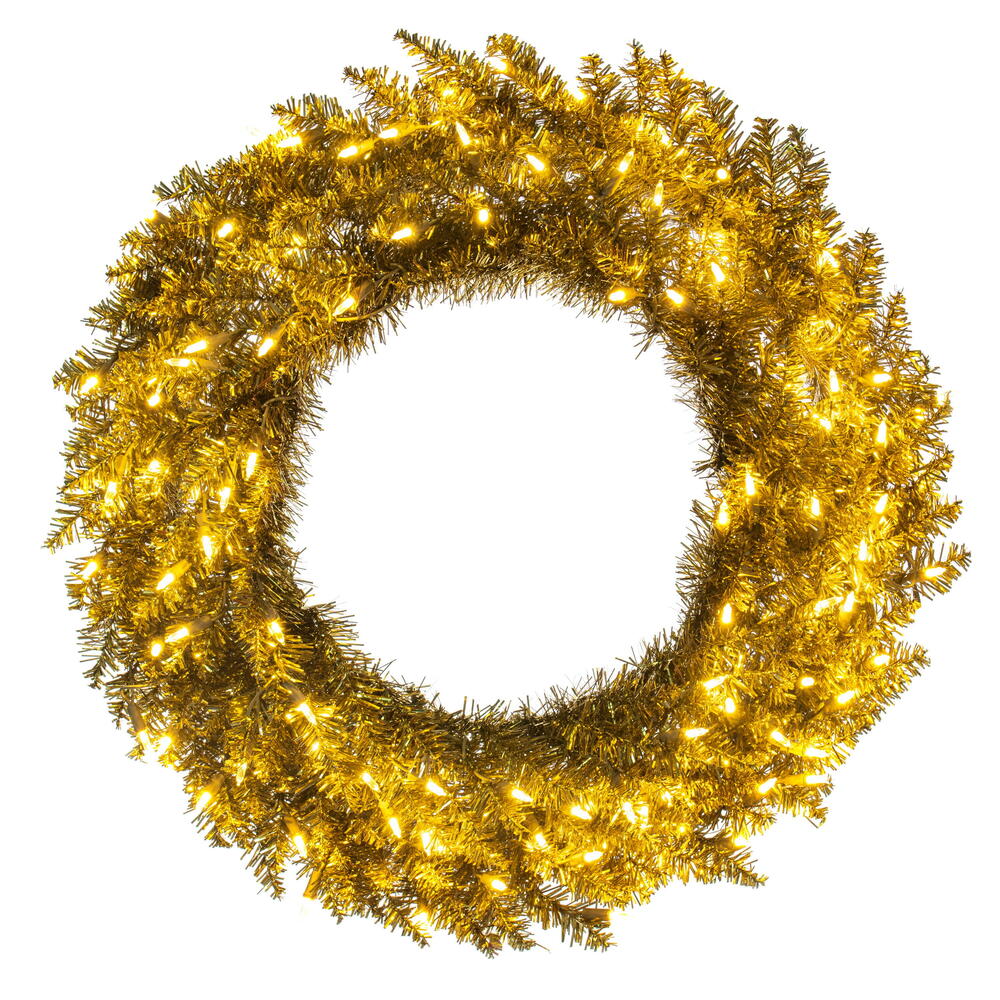 K235525LED 24 in. Gold Tinsel Artificial Pre-Lit Wreath with 50 Warm White LED Mini Lights