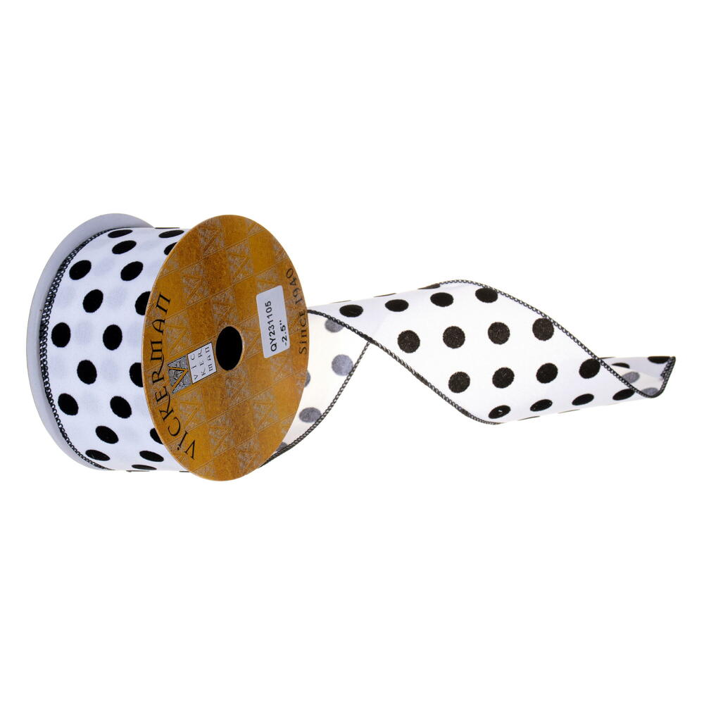 QY231105 2.5 in. x 10 yard Black Velvet & White Polka Dot Ribbon
