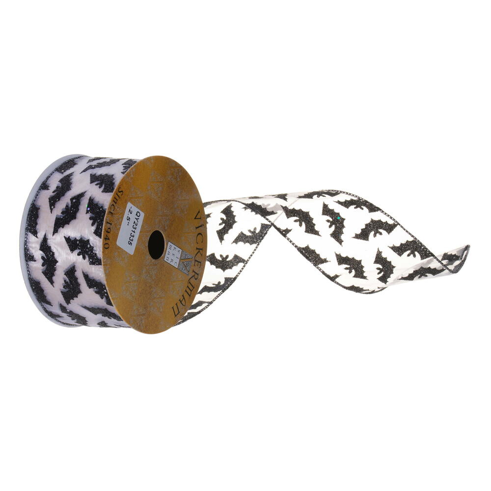 QY231335 2.5 in. x 10 yard Black Glitter Bats & White Mesh Ribbon