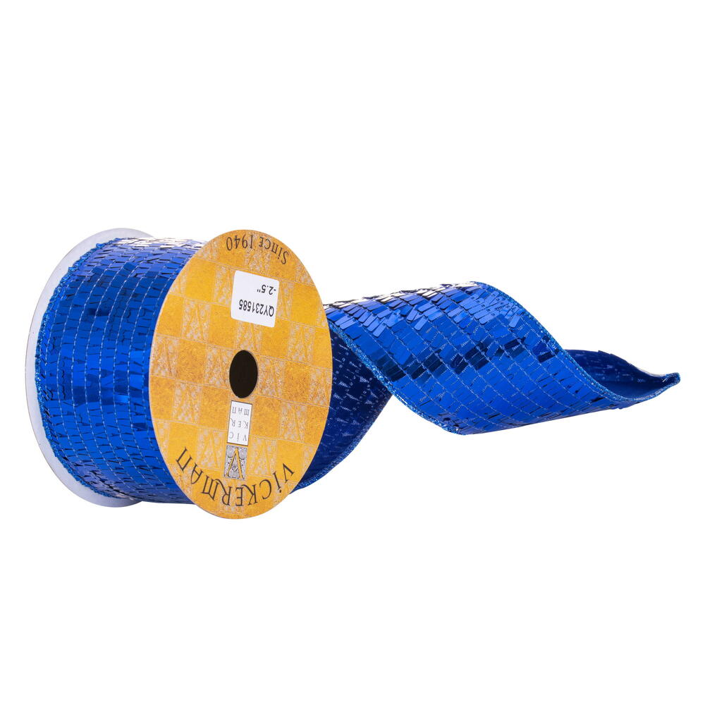 QY231585 2.5 in. x 10 Yard Blue Rectangle Sequin Wired Ribbon