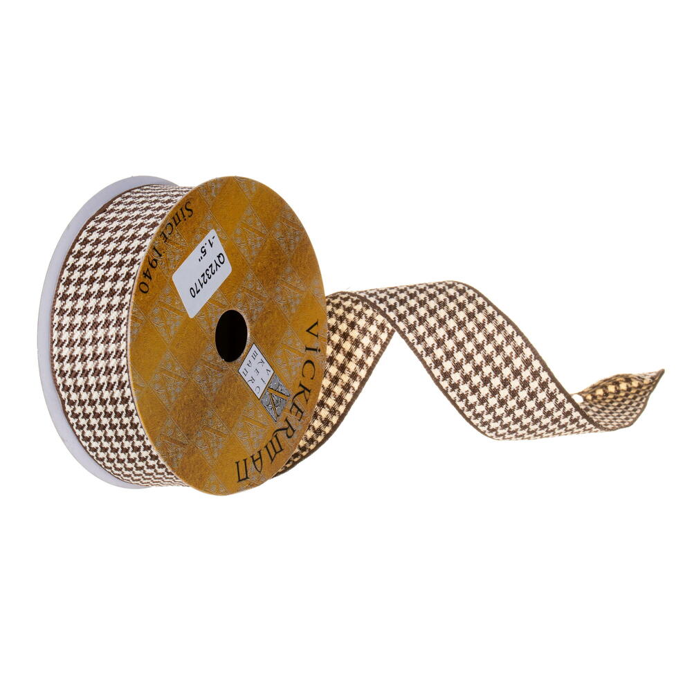 QY232170 1.5 in. x 10 yard Brown & White Houndstooth Wired Ribbon