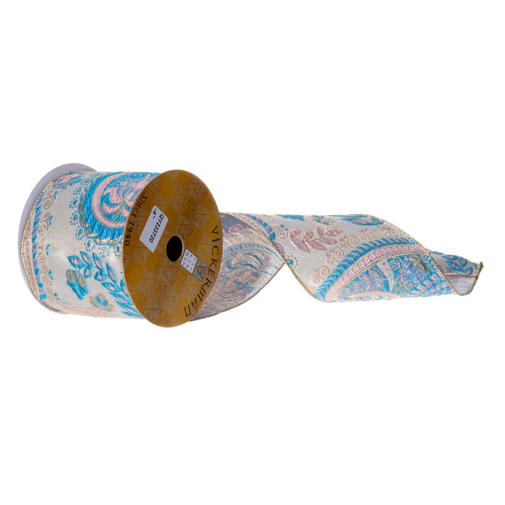 QY233720 4 in. x 10 yard Blue & Pink Metallic Paisley Wired Ribbon