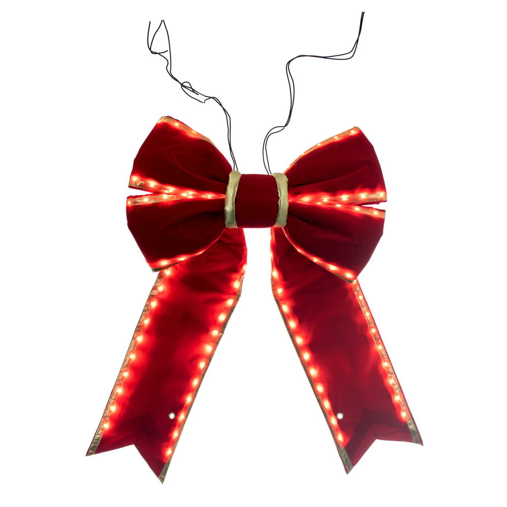 L231418LED 18 x 23 in. Red Velvet Gold Trim Outdoor Christmas Bow with UV Treated Material & Wire to Hang