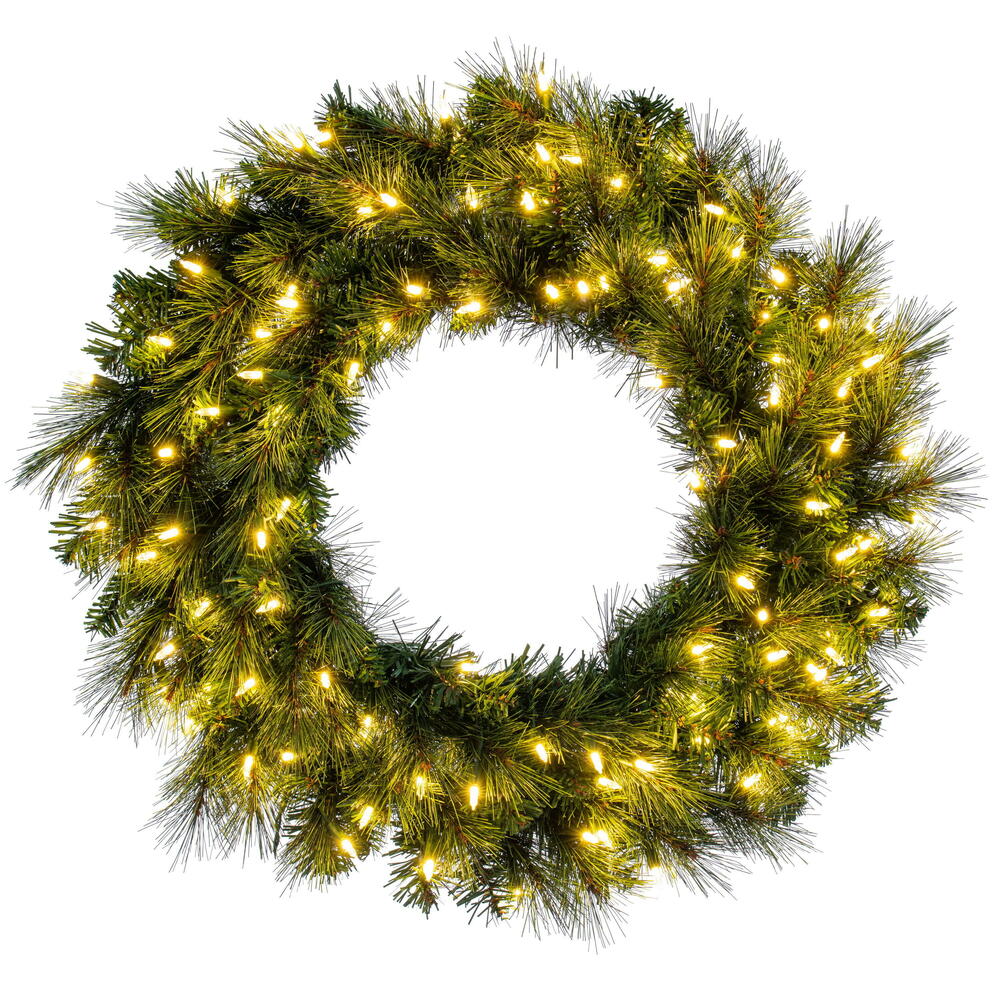 K201437LED 36 in. Brighton Pine Artificial Wreath with 100 Dura-Lit Warm White LED Mini Lights & 250 PE & PVC Tips - Green