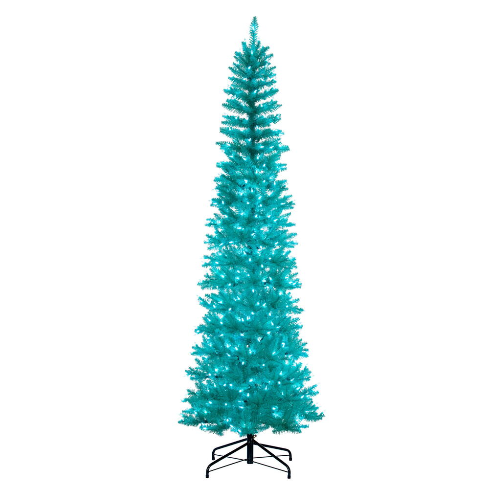 K243986LED 9.5 ft. x 42 in. Aqua Pencil Artificial Pre-Lit Christmas Tree with 700 Dura-Lit Aqua LED Mini Lights