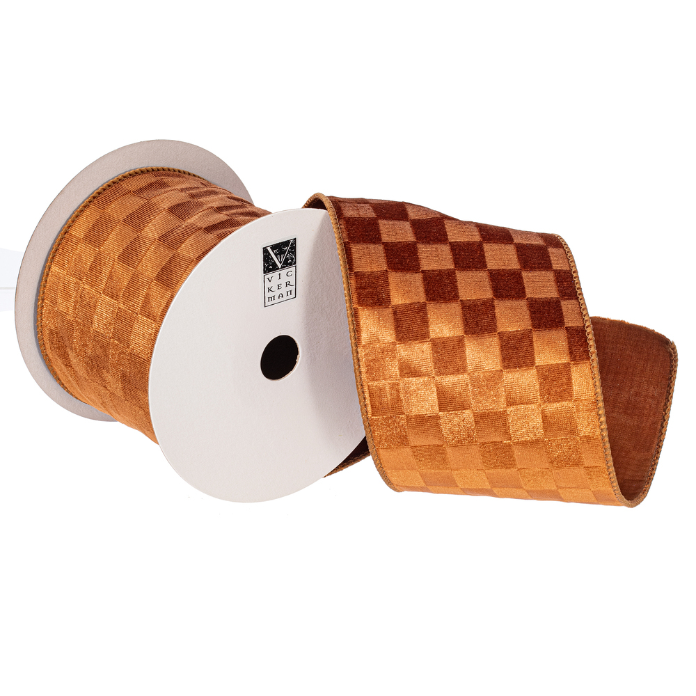 QY240520 4 in. x 10 Yard Mocha Velvet Checkered Satin Back Ribbon