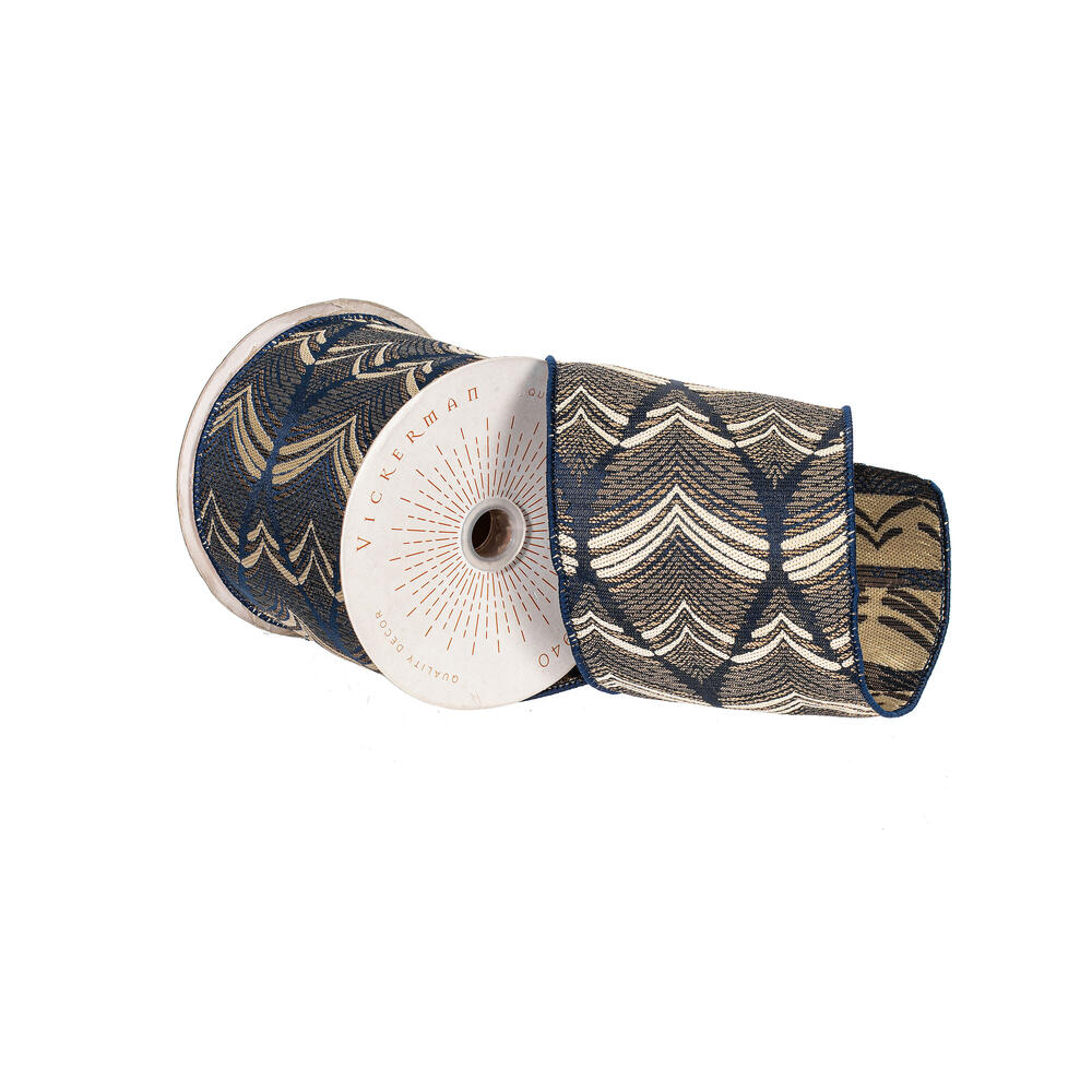 QY241115 4 in. x 10 Yard Midnight Blue Champagne Feather Leaf Ribbon