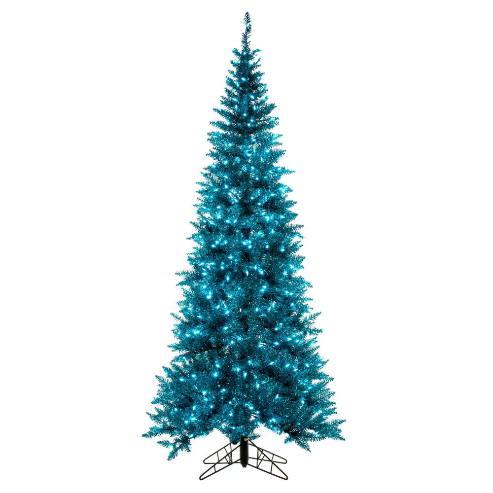 K234076LED 7.5 ft. x 40 in. Slim Aqua Tinsel Artificial Pre-Lit Christmas Tree with Step On & Off Foot Switch