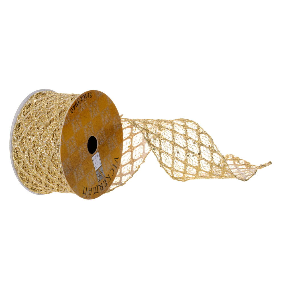 QY230135 2.5 in. x 10 Yard Gold Glitter Sequin Net Wired Ribbon