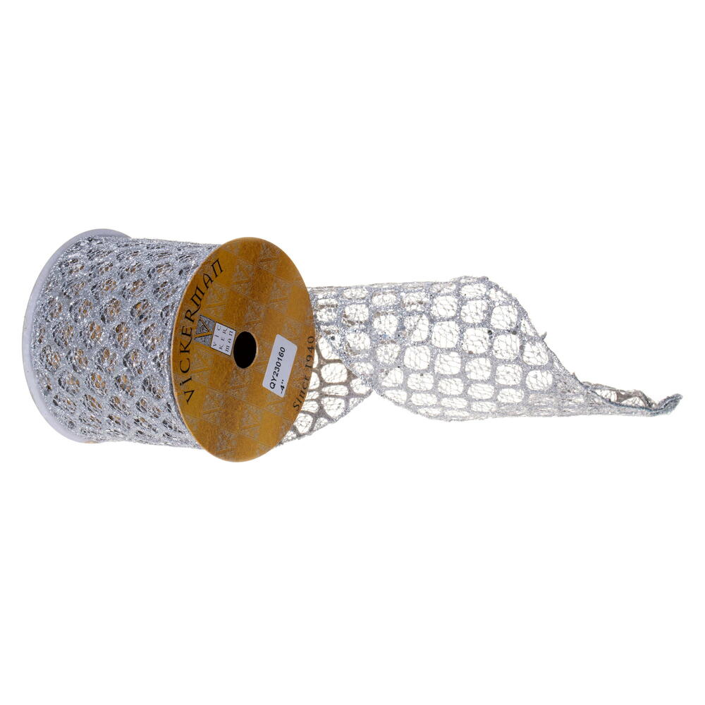 QY230160 4 in. x 10 Yard Silver Glitter Sequin Net Wired Ribbon