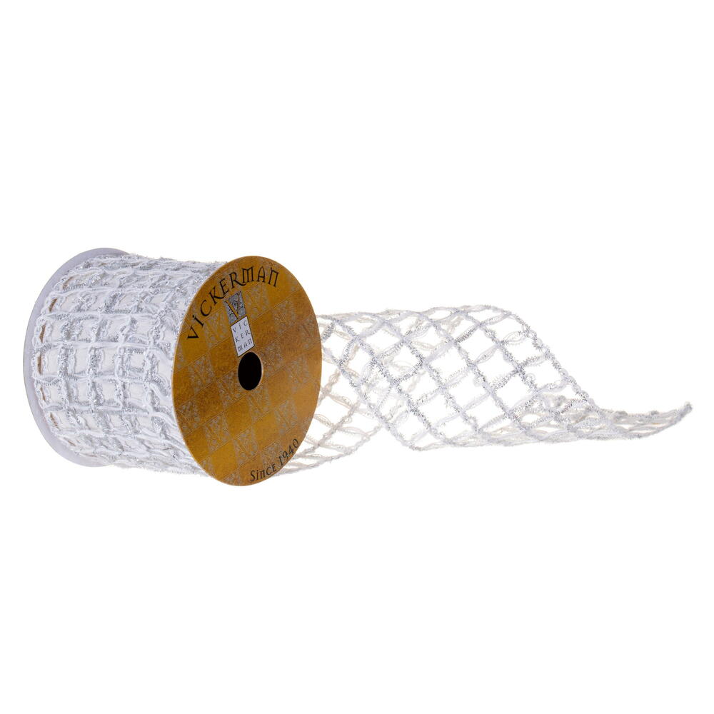 QY230305 4 in. x 10 yard Jute & Tinsel Grid Wired Ribbon - White