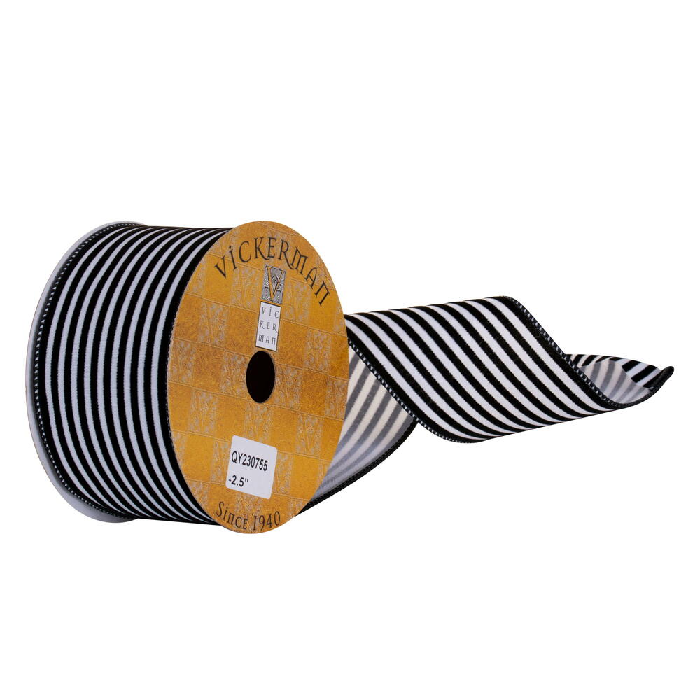 QY230755 2.5 in. x 10 yard Black Velvet & White Wired Ribbon