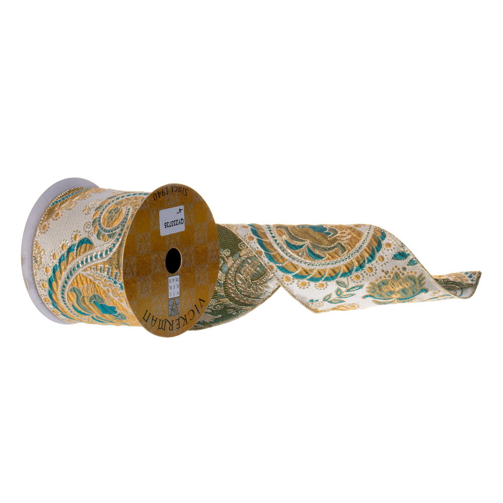 QY233735 4 in. x 10 yard Gold & Teal Metallic Paisley Wired Ribbon