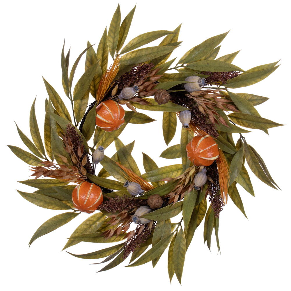 FK238024 24 in. Artificial Orange, Gourd & Bay Leaf Wreath - Green