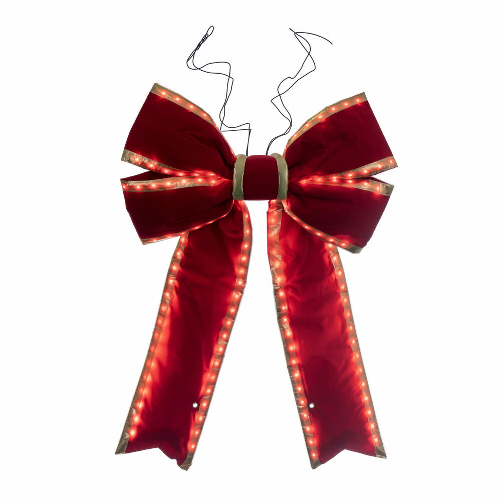 L231424LED 24 x 30 in. Red Velvet Gold Trim Outdoor Christmas Bow with UV Treated Material & Wire to Hang