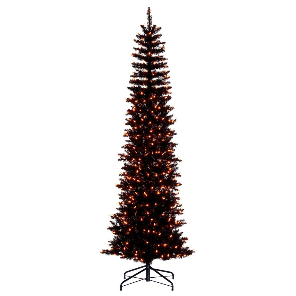 K241881LED 8.5 ft. x 38 in. Black Pencil Artificial Pre-Lit Christmas Tree with 600 Dura-Lit Orange LED Mini Lights