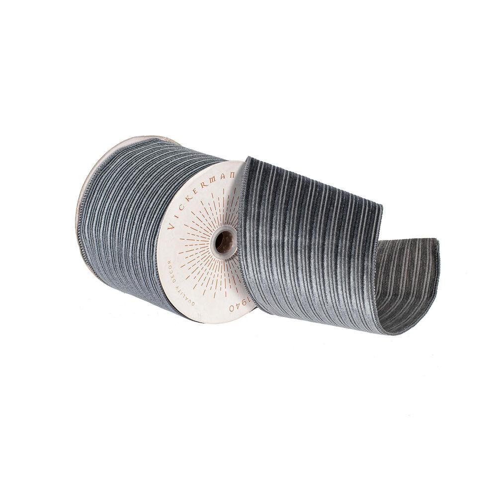 QY240320 4 in. x 10 Yard Pewter Velvet Lined Satin Back Ribbon