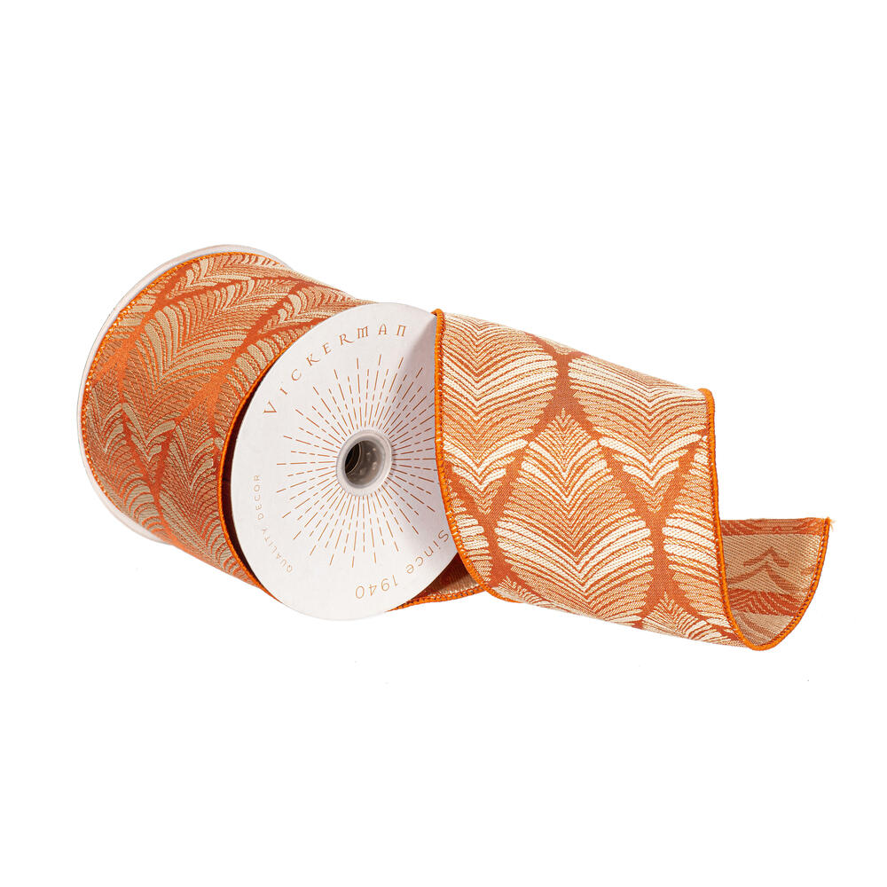 QY241120 4 in. x 10 Yard Burnish Orange Champagne Feather Leaf Ribbon