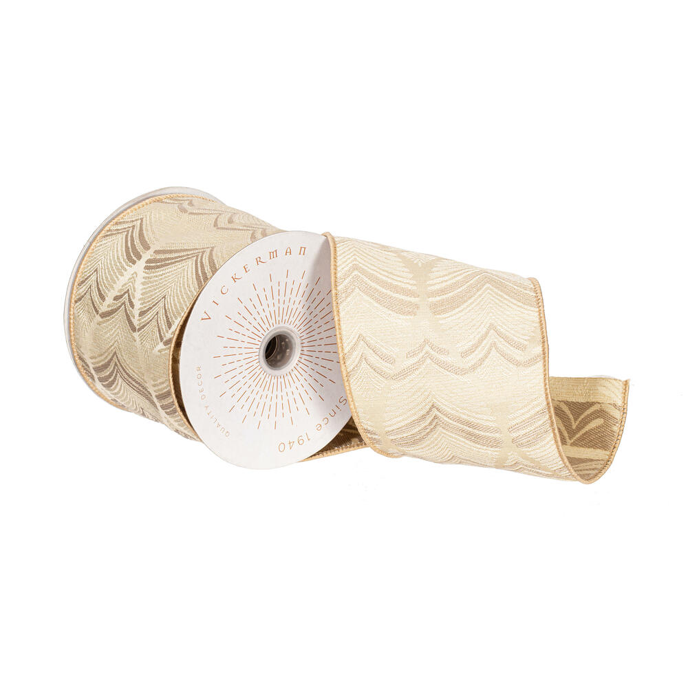 QY241125 4 in. x 10 Yard Ivory Champagne Feather Leaf Ribbon