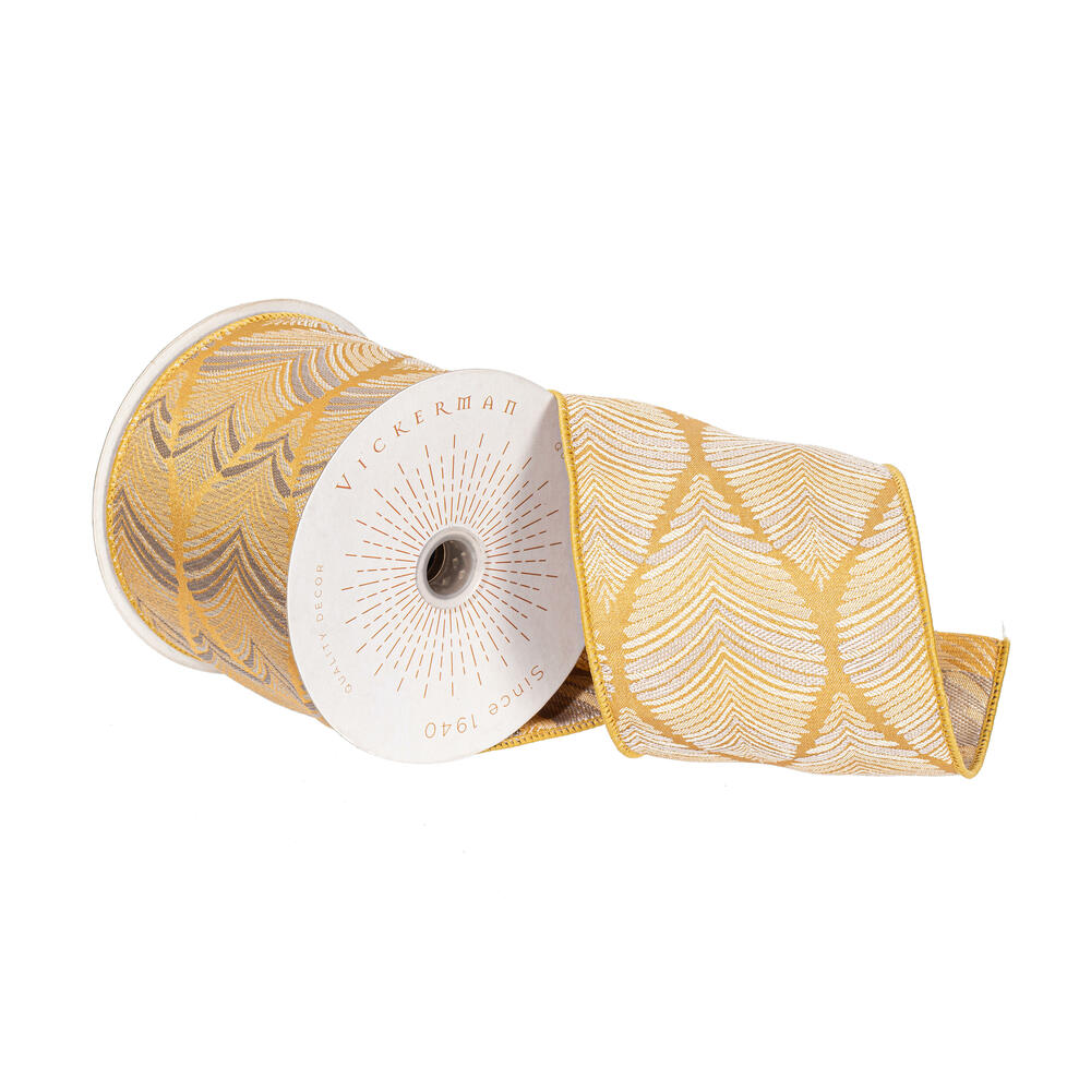 QY241130 4 in. x 10 Yard Gold Champagne Feather Leaf Ribbon