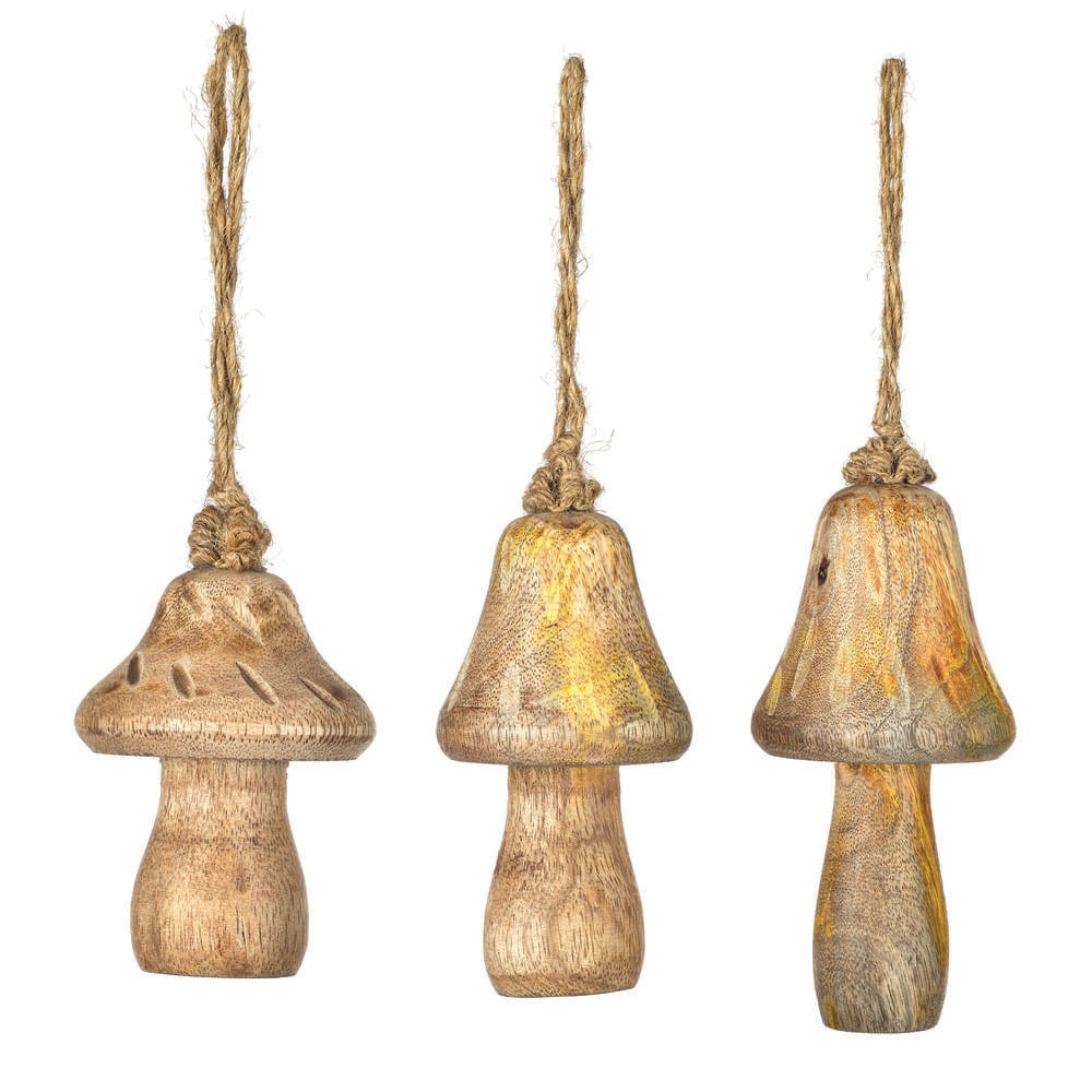 JE230710 Medium Wood Assorted Mushroom Ornament - Set of 3