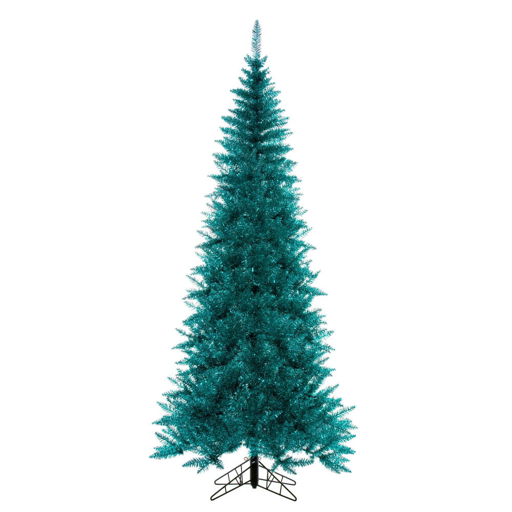 K234075 7.5 ft. x 40 in. Slim Aqua Tinsel Artificial UnLit Christmas Tree with Folding Metal Tree Stand
