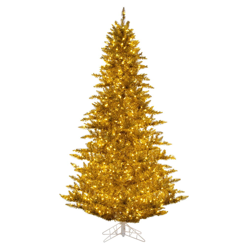 K235481LED 9 ft. x 64 in. Gold Tinsel Artificial Pre-Lit Christmas Tree with White LED Lights & Tree Stand
