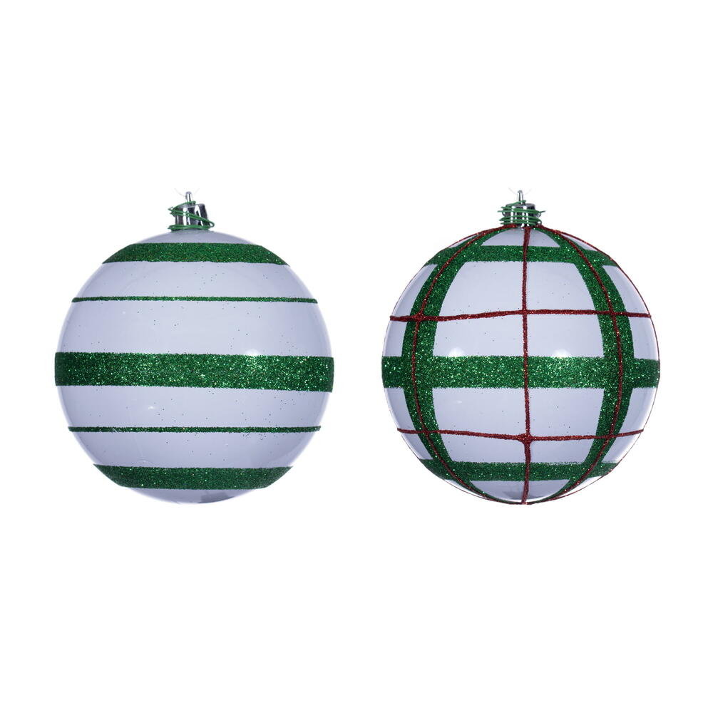 N231611D 4 in. White Ball Ornament Red & Green Glitter Assortment
