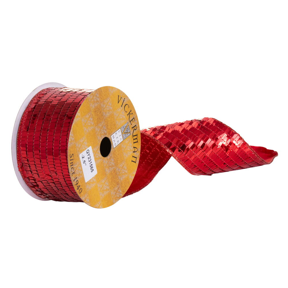 QY231565 2.5 in. x 10 Yard Red Rectangle Sequin Wired Ribbon