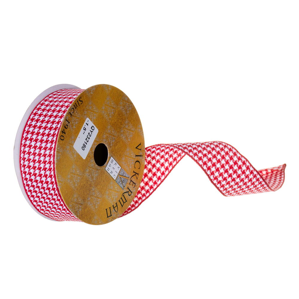 QY232180 1.5 in. x 10 yard Red & White Houndstooth Wired Ribbon