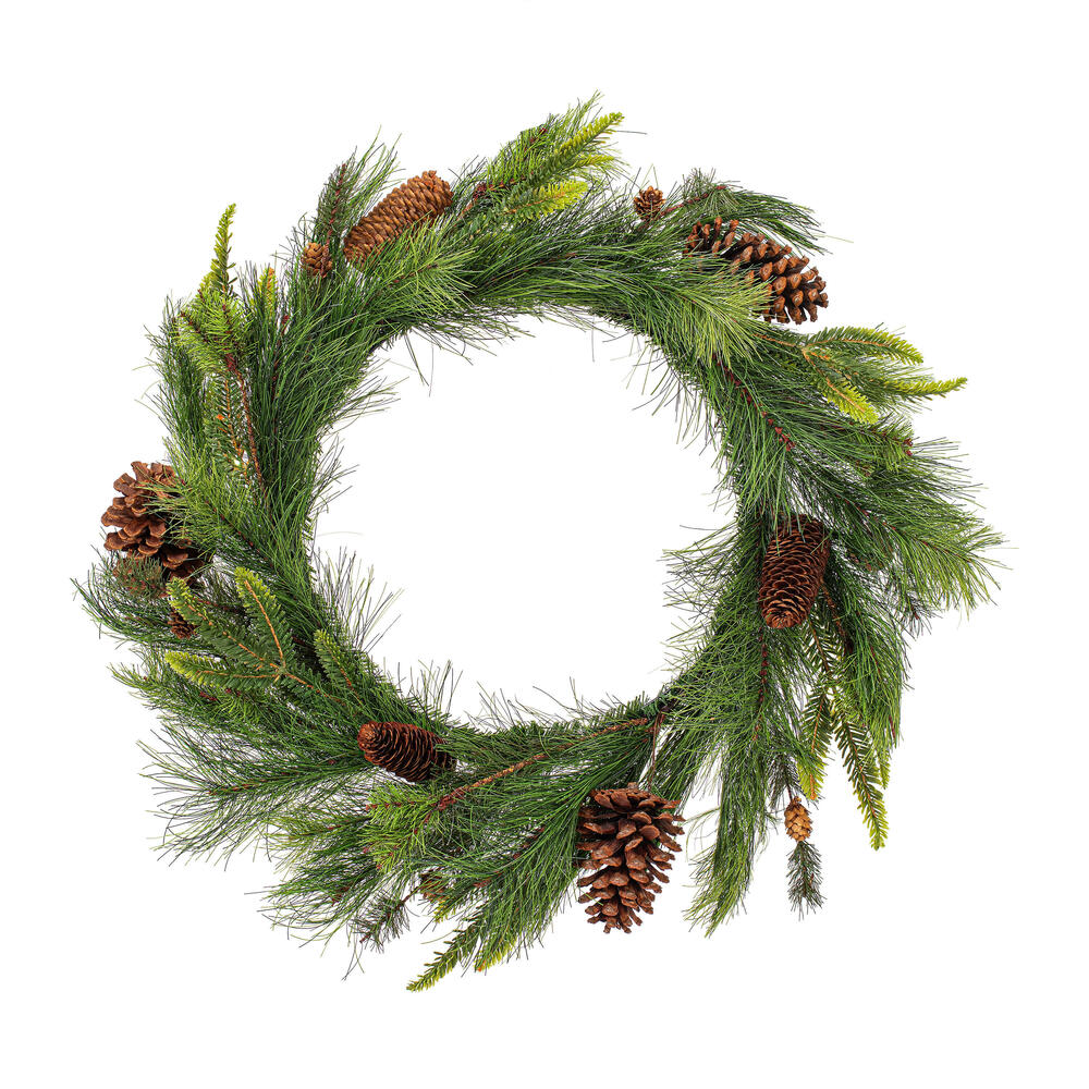 FQ237924 24 in. Artificial Green Mixed Pine with Pinecone Wreath