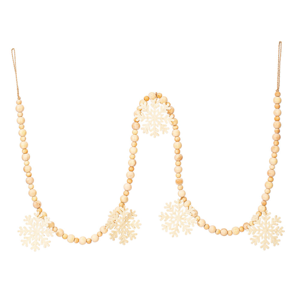 JE220970 5 ft. Ivory Felt Snowflake & Natural Wood Bead Garland