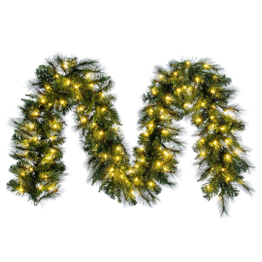 K201415LED 9 ft. x 14 in. Brighton Pine Artificial Garland with 100 Dura-Lit Warm White LED Mini Lights & 250 PE & PVC Tips - Green