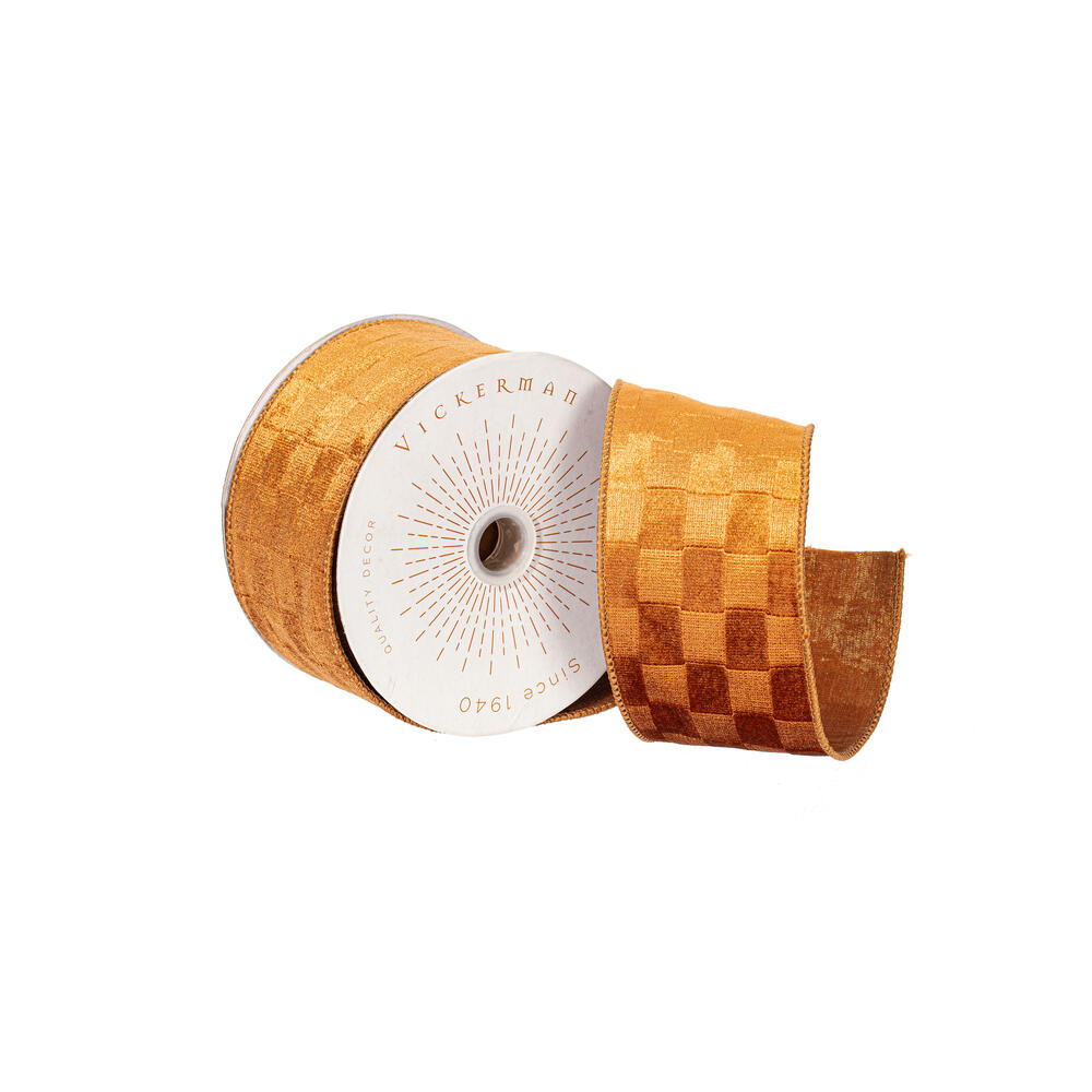 QY240515 2.5 in. x 10 Yard Mocha Velvet Checkered Satin Back Ribbon