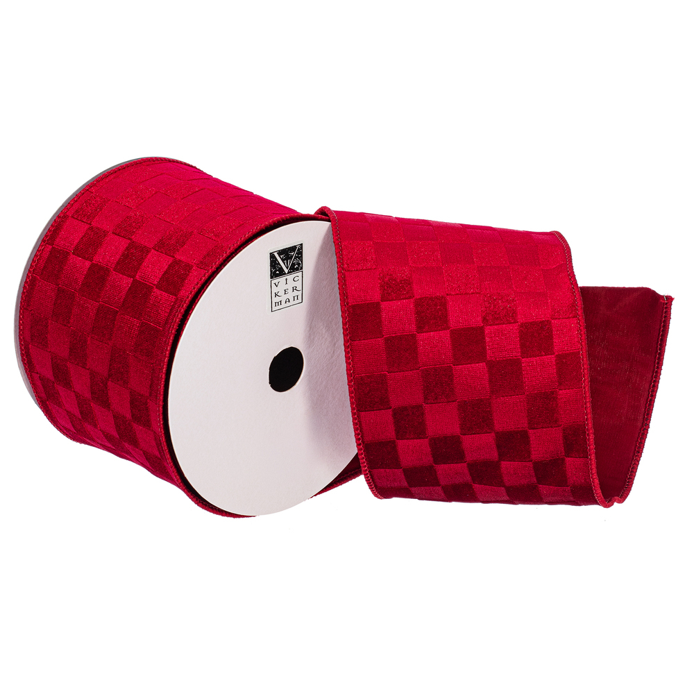 QY240560 4 in. x 10 Yard Red Velvet Checkered Satin Back Ribbon