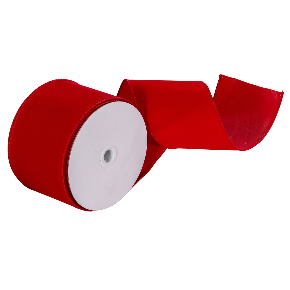 L131304 4 in. Velvet Wired Outdoor Ribbon 25 yard Spool - Red