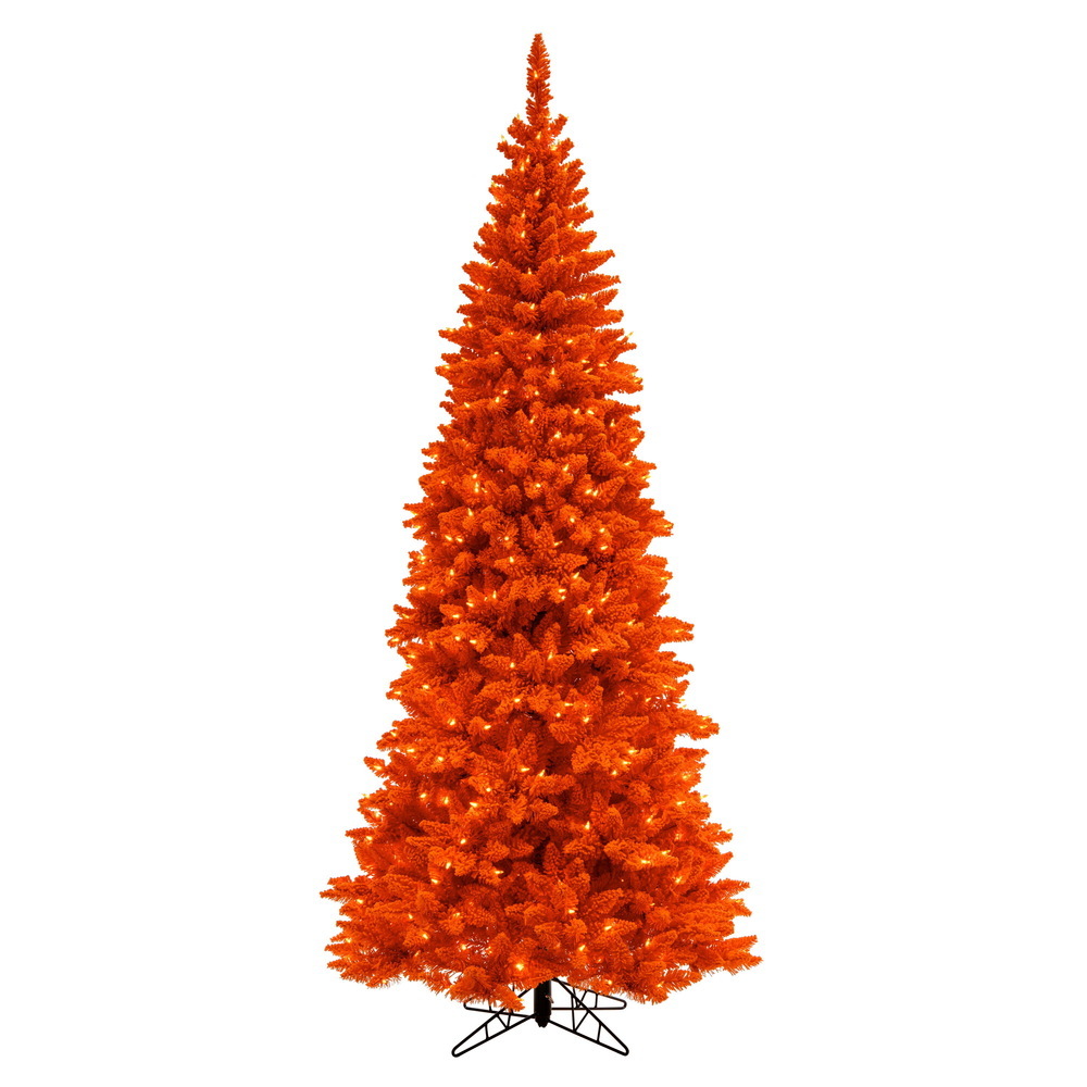 K260181LED 9 ft. x 47 in. Artificial Slim Flocked Orange Fir Christmas Tree, Orange