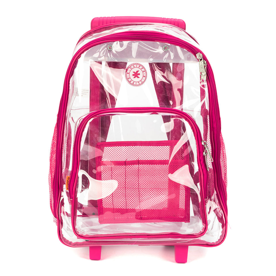 LM214-hot pink Rolling Clear School Backpack Heavy Duty See Through with Wheels, Hot Pink