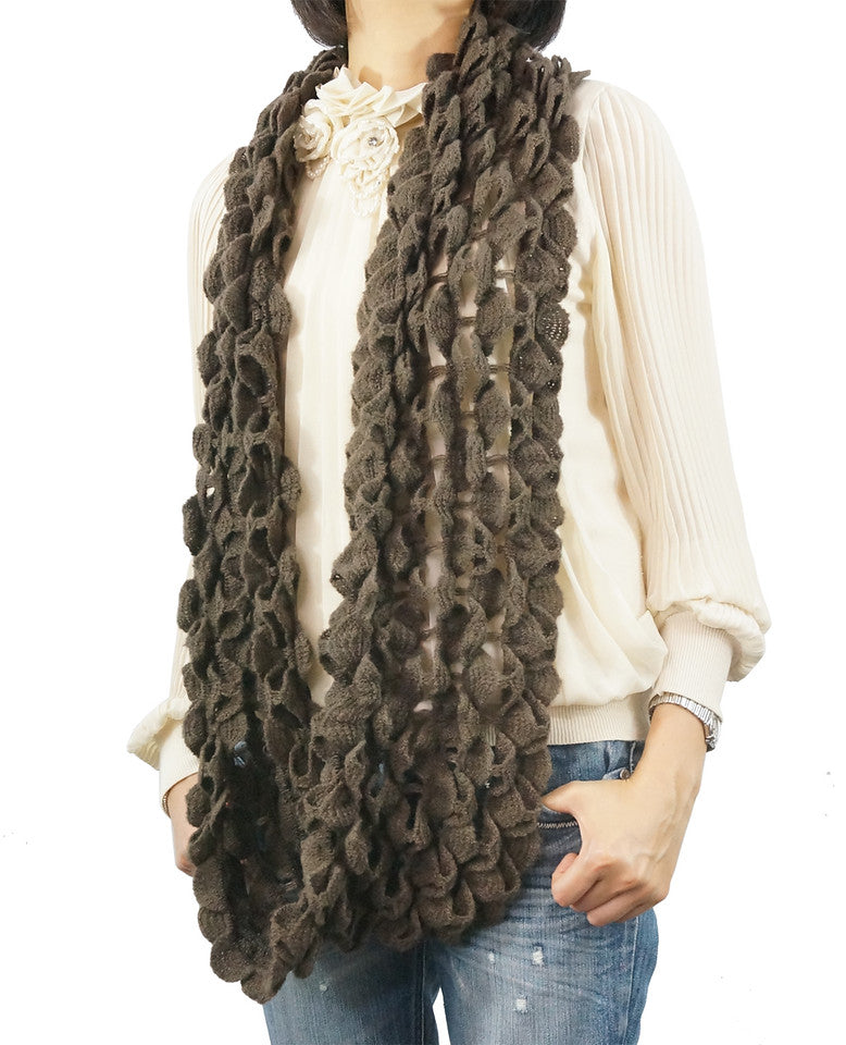 LS001-Chocolate Hand Knitted Soft Ruffle Loop Infinity Scarf, Chocolate
