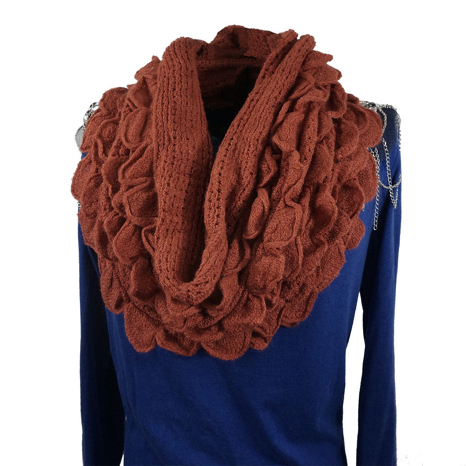 LS003-Brick Knitted Ruffle Soft Infinity Loop Scarf Warm Winter Stretchy Elegant Neck Warmer, Brick