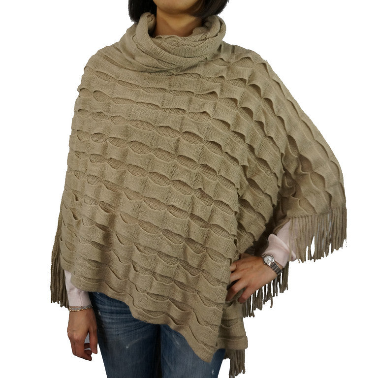 LS004-Natural  Knitted Pullover Poncho Cape Sweater, Natural