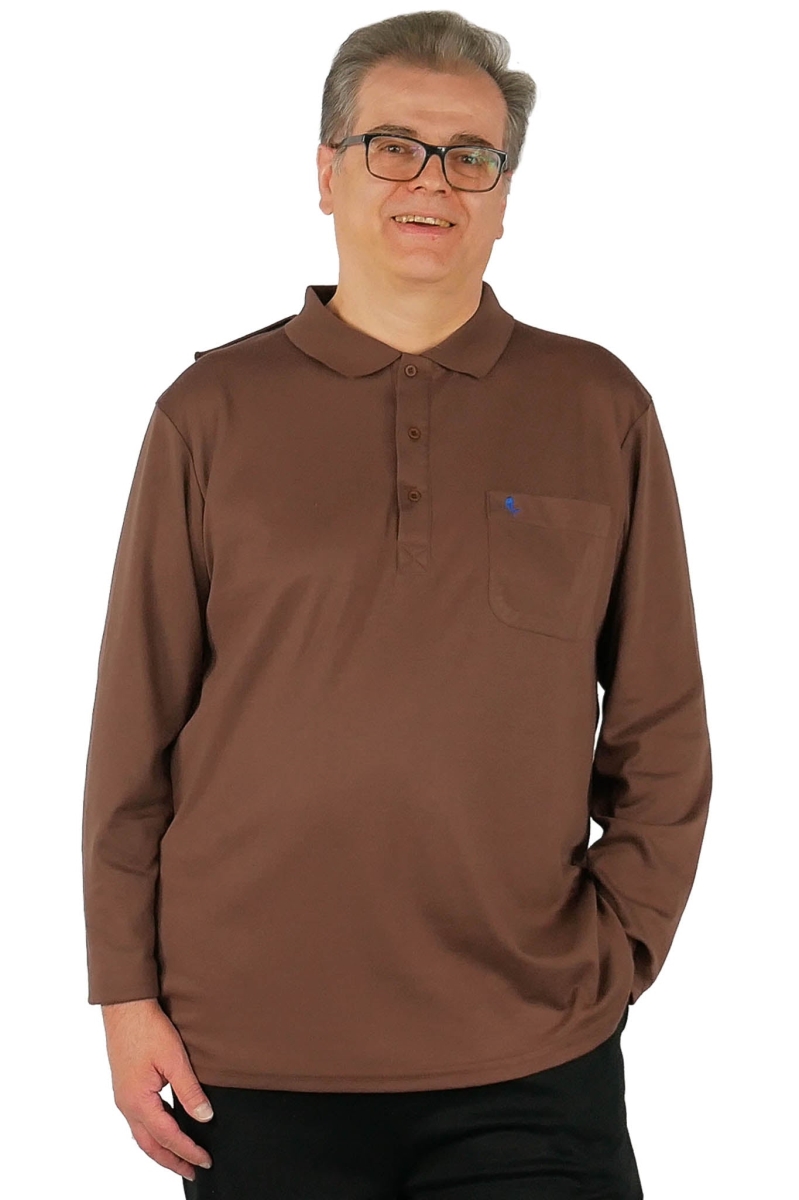 1-108-116-2 Men Long-Sleeved Adaptive Polo Shirt - Thomas, Coffee - Small