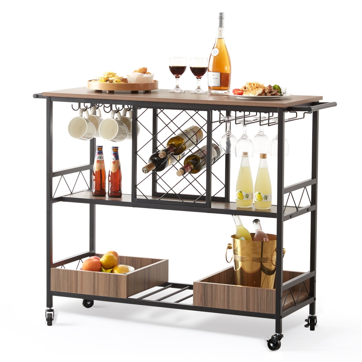Picture of Vevor MBFWCCB157X39FQVKV0 3-Tier Bar Serving Cart Rolling Trolley with Wine Grid Glass Holder&#44; Natural & Black - 300 lbs