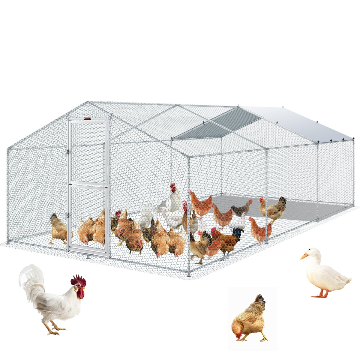 Picture of Vevor BR197X98X64FTFKVMV0 19.7 x 9.8 x 6.6 ft. Large Metal Chicken Coop with Run&#44; Walkin Poultry Cage for Yard&#44; Waterproof Cover - Peaked Roof for Hen House&#44; Duck Coop & Rabbit&#44; Silver