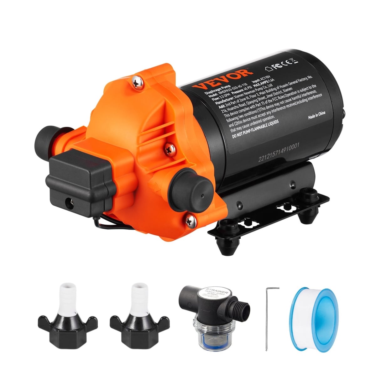 MGDDG345PSI12KDWXV1 Diaphragm Pump 3.3 GPM 110V 6 ft. Height Water Submersible Pump 45 PSI 0.24 HP 0.5 in. MNPT Inlet & Outlet for Boat RV