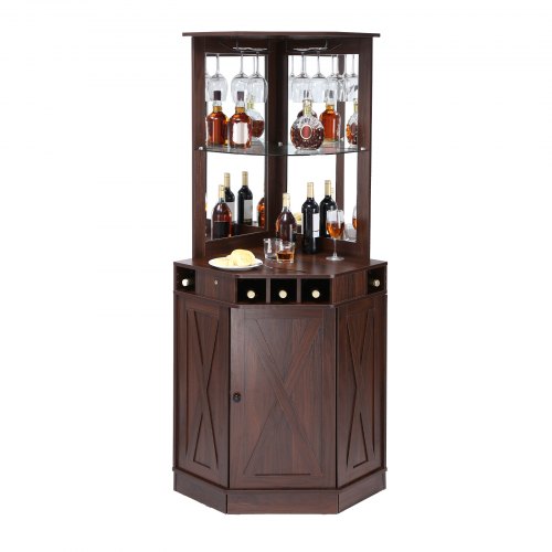 Corner Industrial Bar Cabinet, Wine Table for Liquor & Glasses, Sideboard Buffet Cabinet with Glass Holder, Freestanding Farmhouse Wood Coffee Bar Cabinet for Living Room, Home Bar, Black Walnut