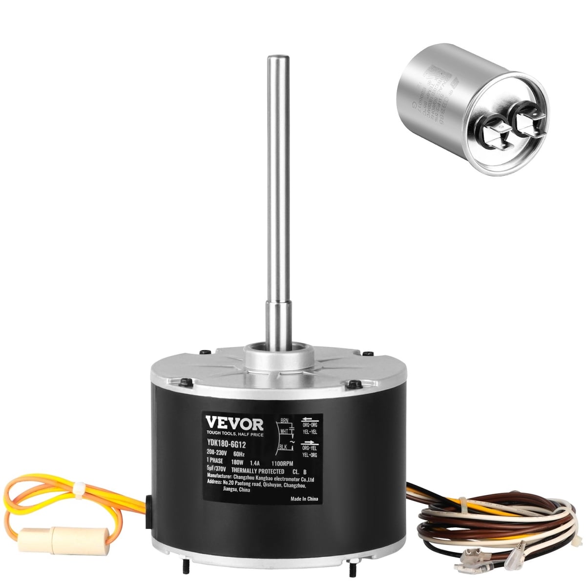 Picture of Vevor DSLNQDJ14HP110TNZV7 0.25 HP Condenser Fan Motor - 1100 RPM Reversible Rotating 208 to 230V Condenser Motor 180W Explosion-Proof CBB65 5F