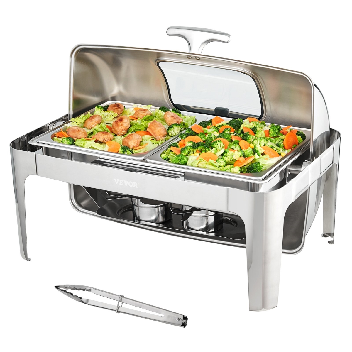 Picture of Vevor ZFXKCLJT19QT2B78CV0 9 qt. Roll Top Chafing Dish Buffet Set Stainless Steel Chafer with 2 Half Size Pans Rectangle Catering Warmer Server