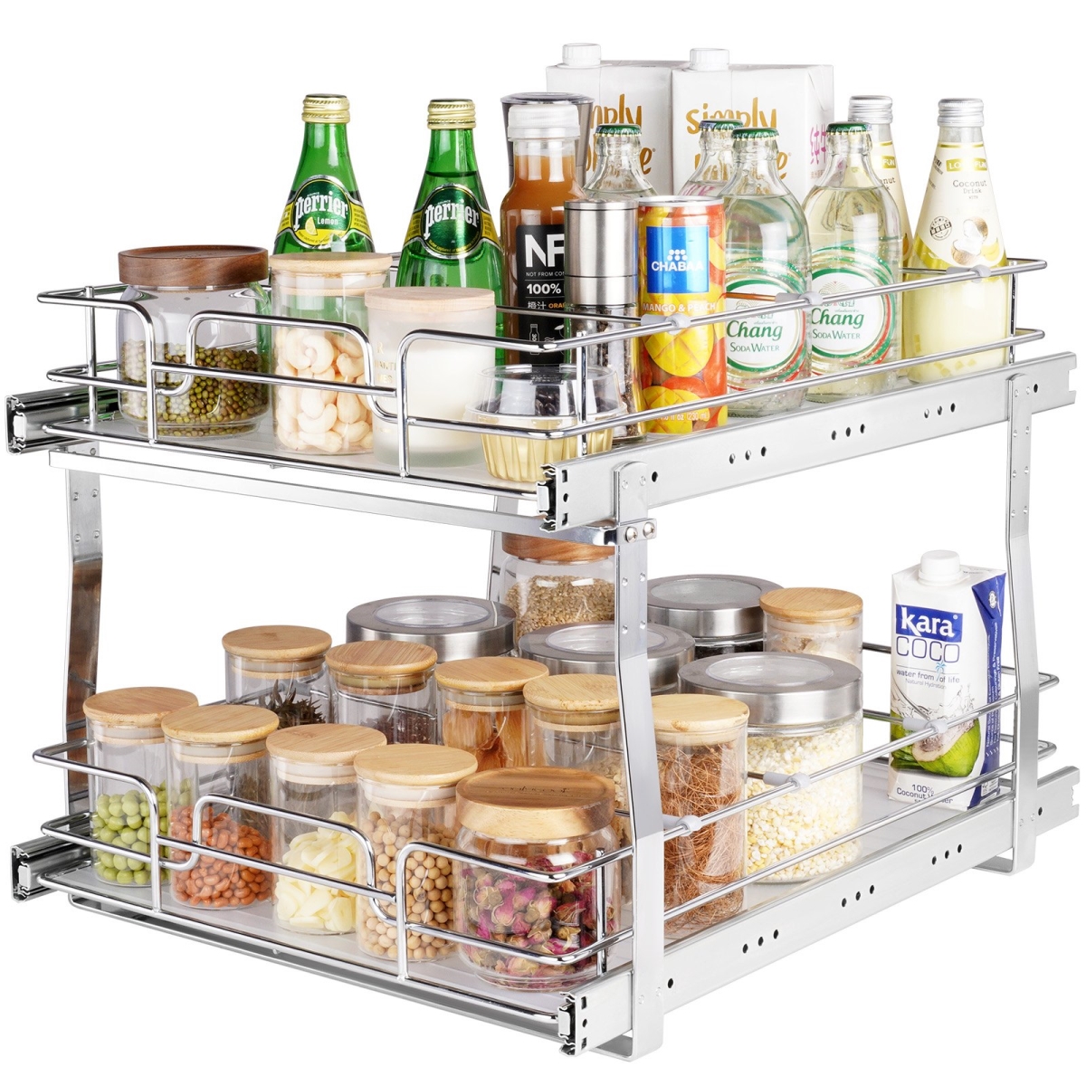 Picture of Vevor HGS217W21D15HO4AUV0 17 x 21 in. 2 Tier Pull Out Cabinet Organizer - Heavy Duty Slide Out Pantry Shelves Sliding Drawer Storage for Inside Kitchen Cabinet - Bathroom & Under Sink&#44; Silver